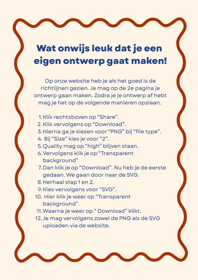 Pagina 1: de uitleg van Pleun, met de stappen om je ontwerp op te slaan